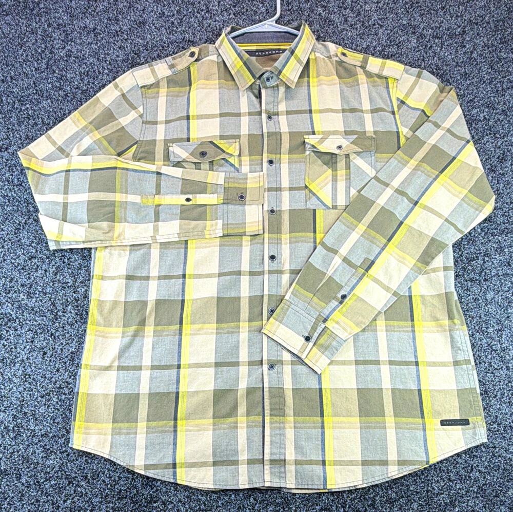 Sean John Men's 2XL Green Gray Yellow Plaid Woven L/S Point Collar Button-Up